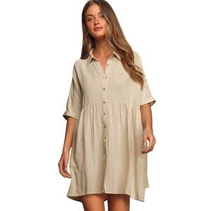 Lulus Beige Short Sleeve Button-Up Mini Shirt Dress Women Large Linen Rayon READ